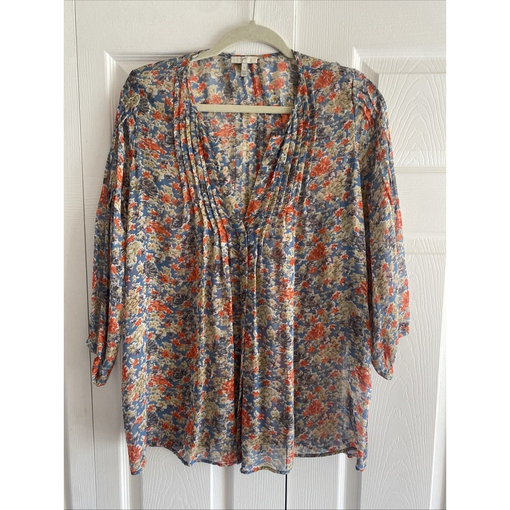 Joie Floral Silk Pintuck Blouse Womens Size S Blue‎ Orange V-Neck 3/4 Sleeve Top